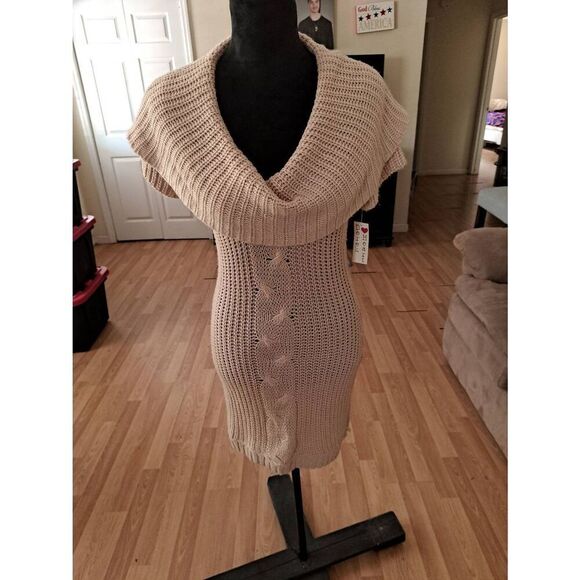 New Size XL Derek Heart Tan Short Sleeve Lightweight Loose Knit Sweater Dress - Picture 1 of 5
